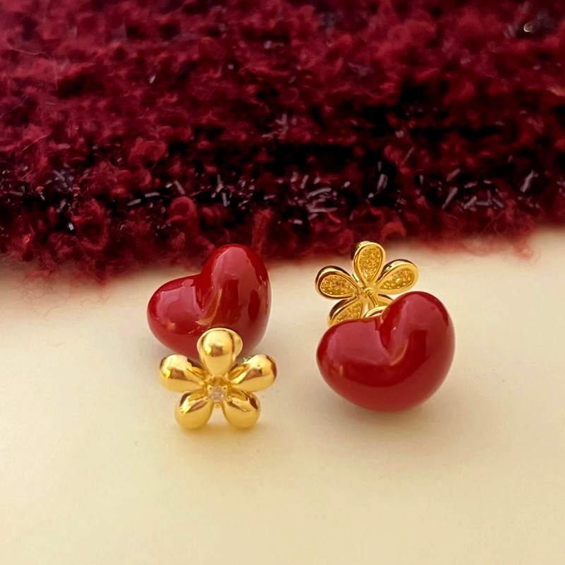 14K Gold-Plated Flower Red Heart Bead Jacket Earrings