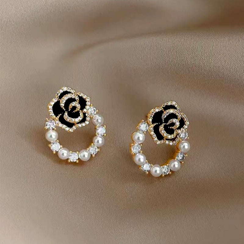 14K Gold-Plated French Camellia Pearl Zircon Earrings