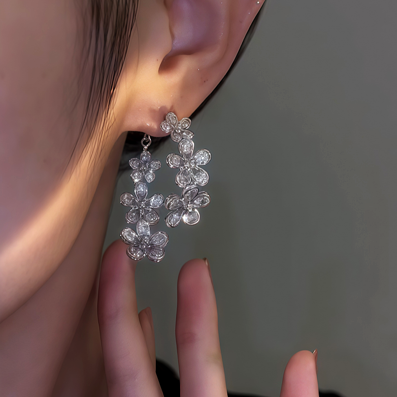 14K Gold-Plated Front And Back Zircon Flower Earrings