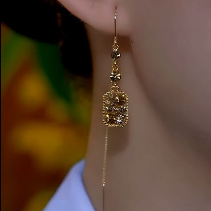 14K Gold-Plated Full Diamond Geometric Square Long Threader Tassel Earrings