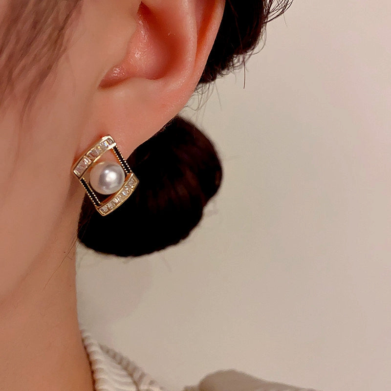 14K Gold-Plated Geometric Zircon Pearl Earrings