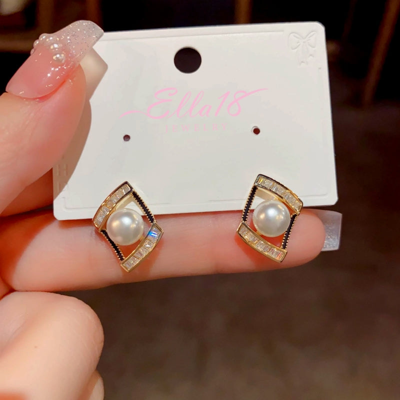14K Gold-Plated Geometric Zircon Pearl Earrings