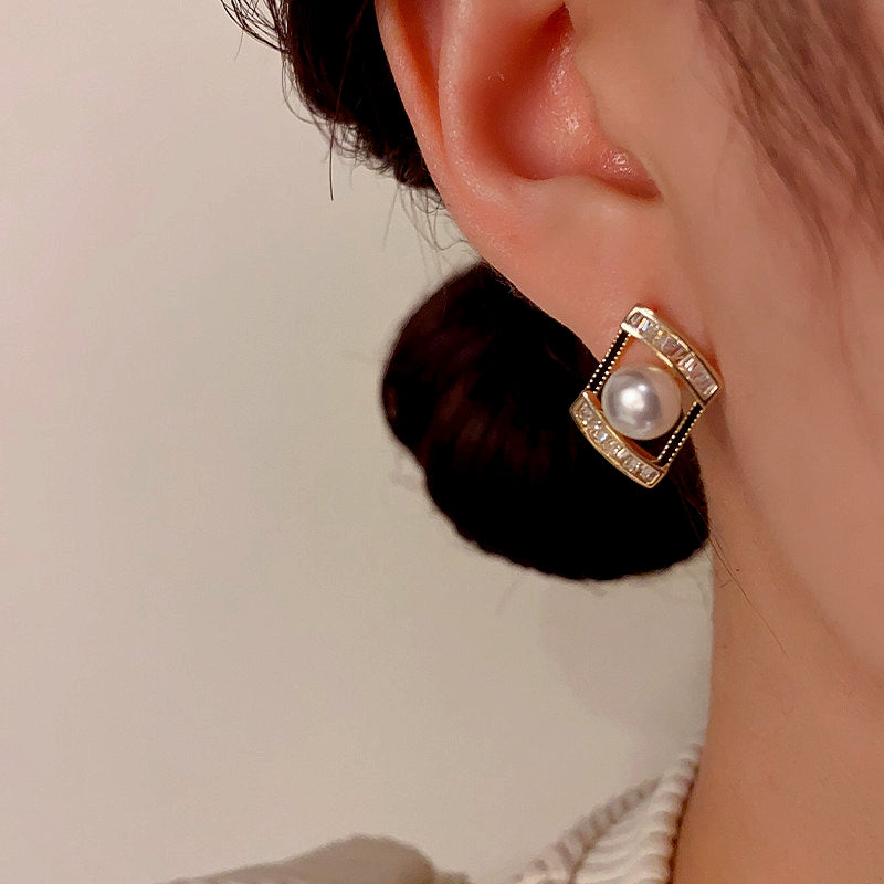 14K Gold-Plated Geometric Zircon Pearl Earrings