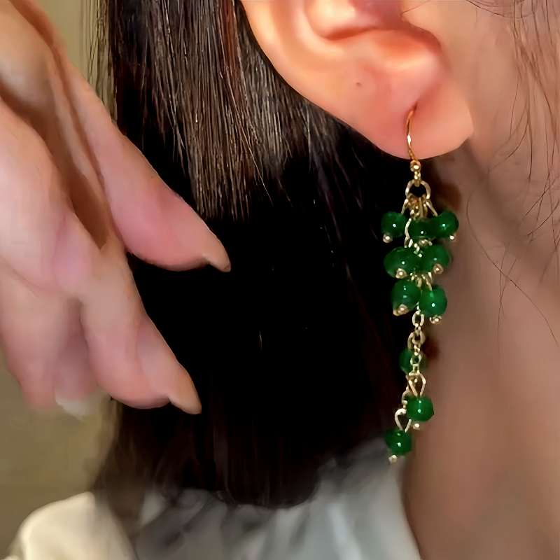 14K Gold-Plated Grape Glass Bead Tassel Ear Hook Earrings