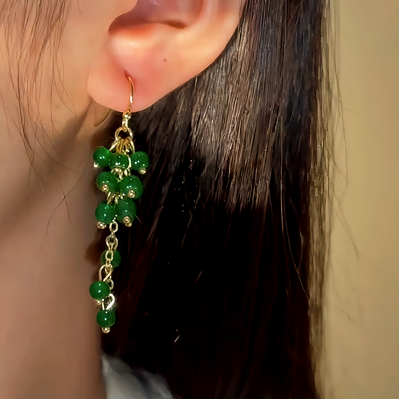 14K Gold-Plated Grape Glass Bead Tassel Ear Hook Earrings