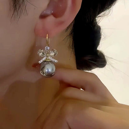 14K Gold-Plated Gray Pearl Bow Earrings