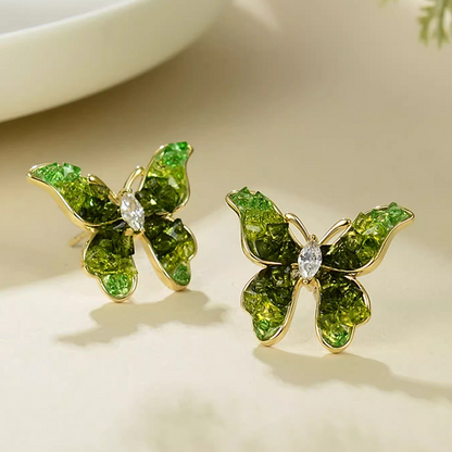 14K Gold-Plated Green Crystal Butterfly Stud Earrings