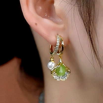 14K Gold-Plated Green Crystal Ginkgo Leaf Earrings
