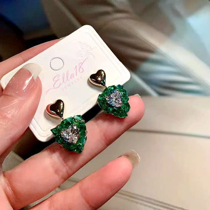 14K Gold-Plated Green Crystal Heart Earrings