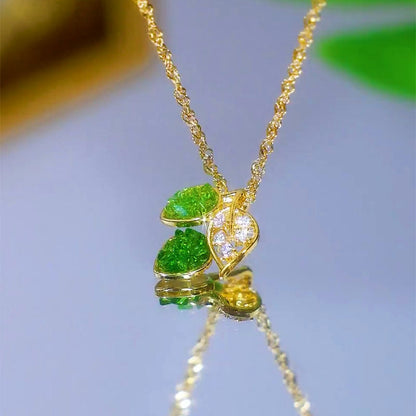 14K Gold-Plated Green Diamond Leaf Necklaces