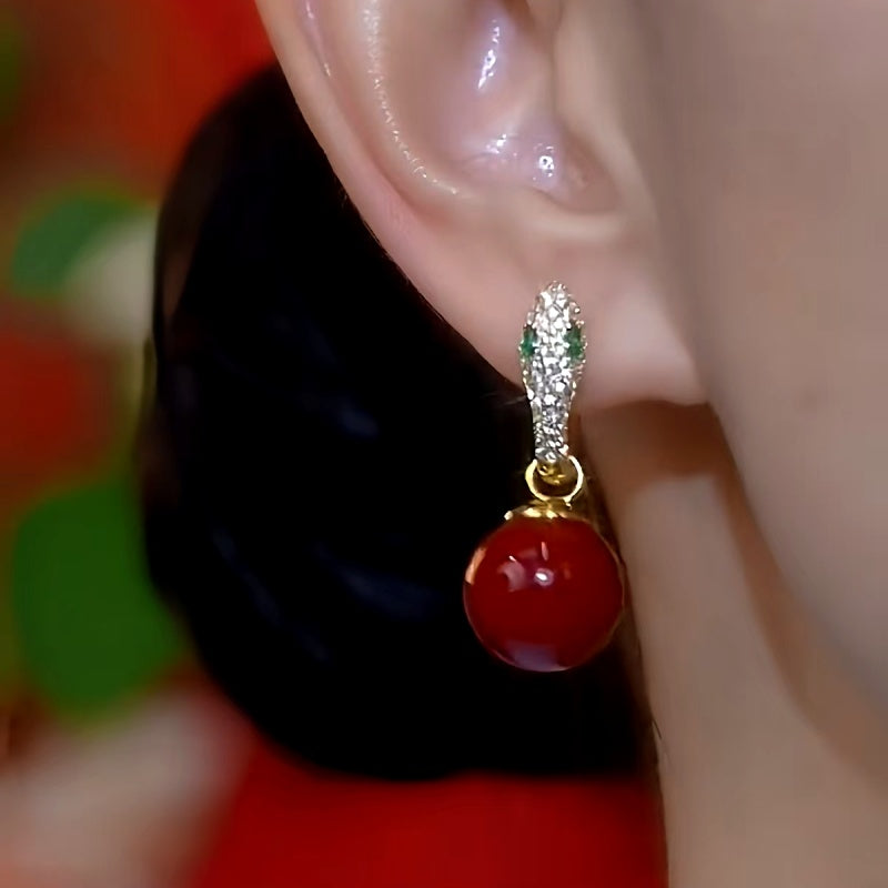 14K Gold-Plated Green Eye Snake-Shaped Pearl Earrings