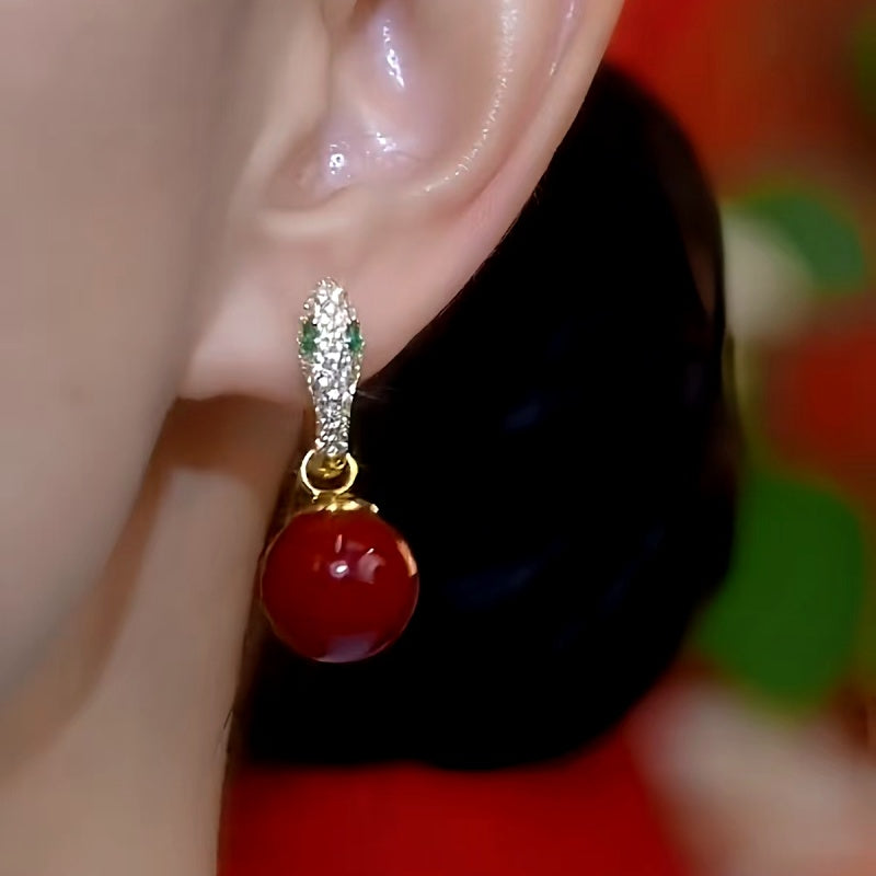 14K Gold-Plated Green Eye Snake-Shaped Pearl Earrings