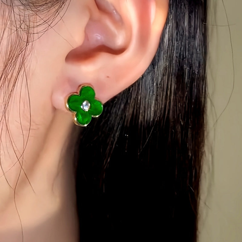 14K Gold-Plated Green Four-Leaf Stud Earrings