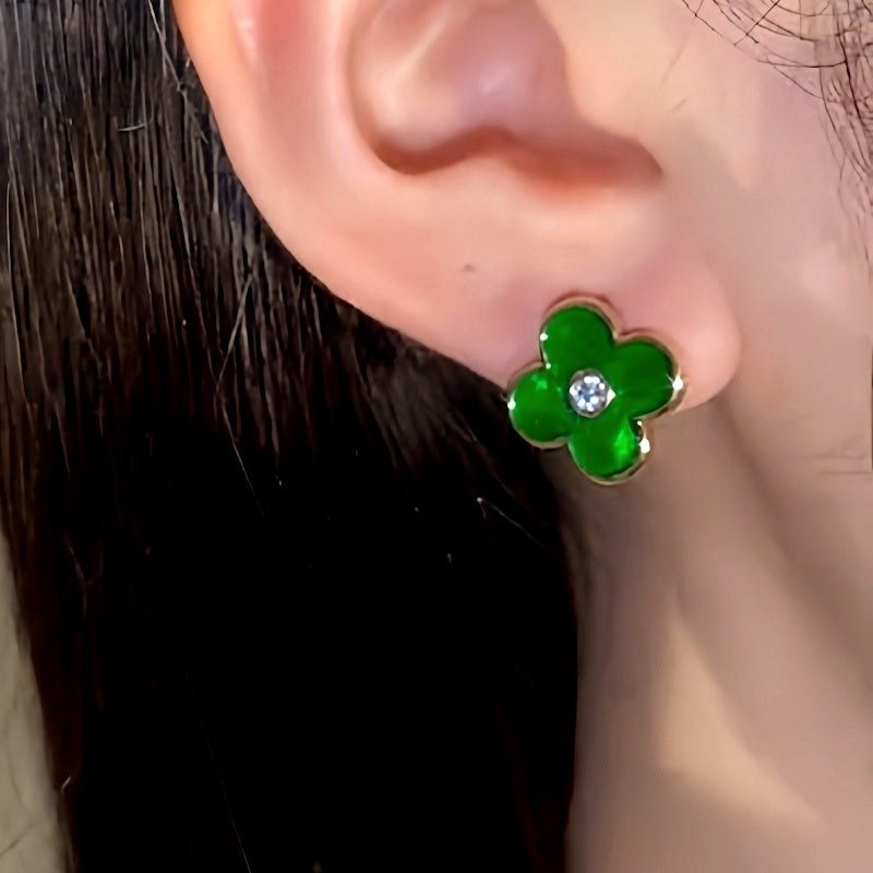 14K Gold-Plated Green Four-Leaf Stud Earrings