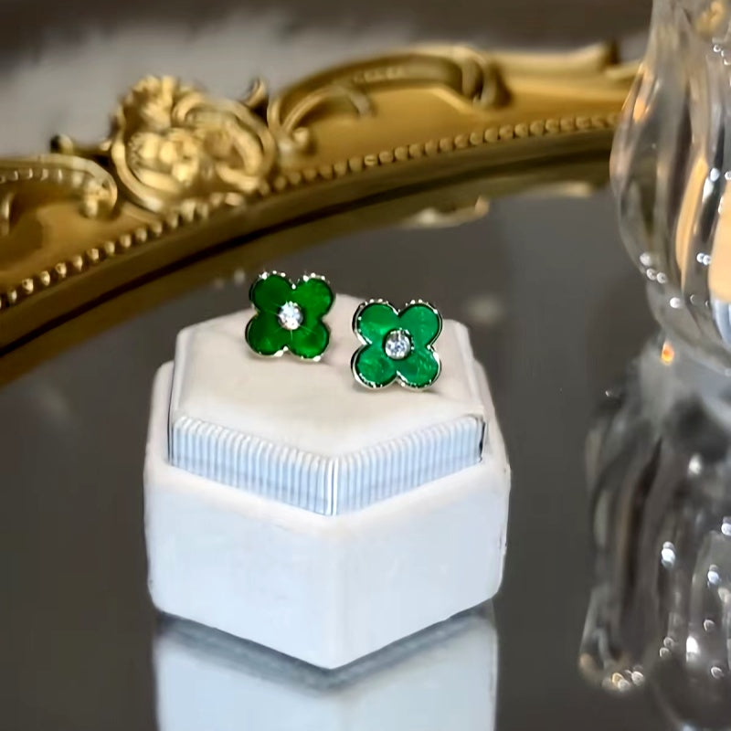 14K Gold-Plated Green Four-Leaf Stud Earrings