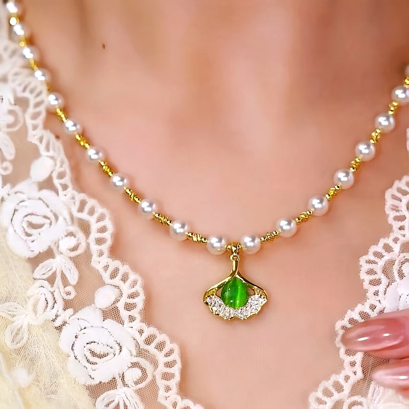 14K Gold-Plated Green Ginkgo Leaf Bead Necklace