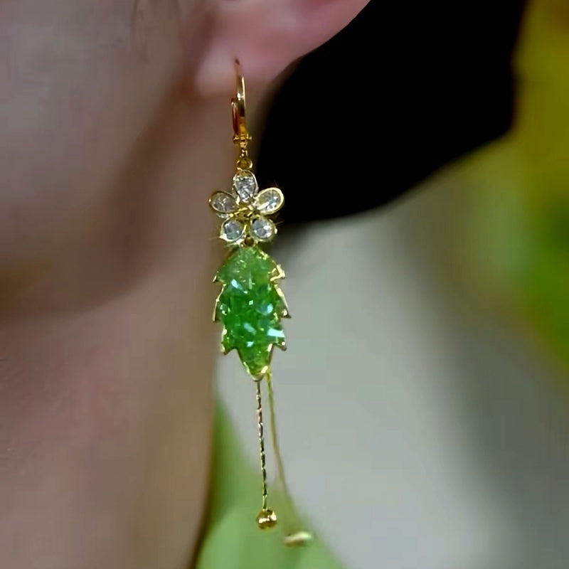14K Gold-Plated Green Gradient Crystal Leaf Flower Earrings