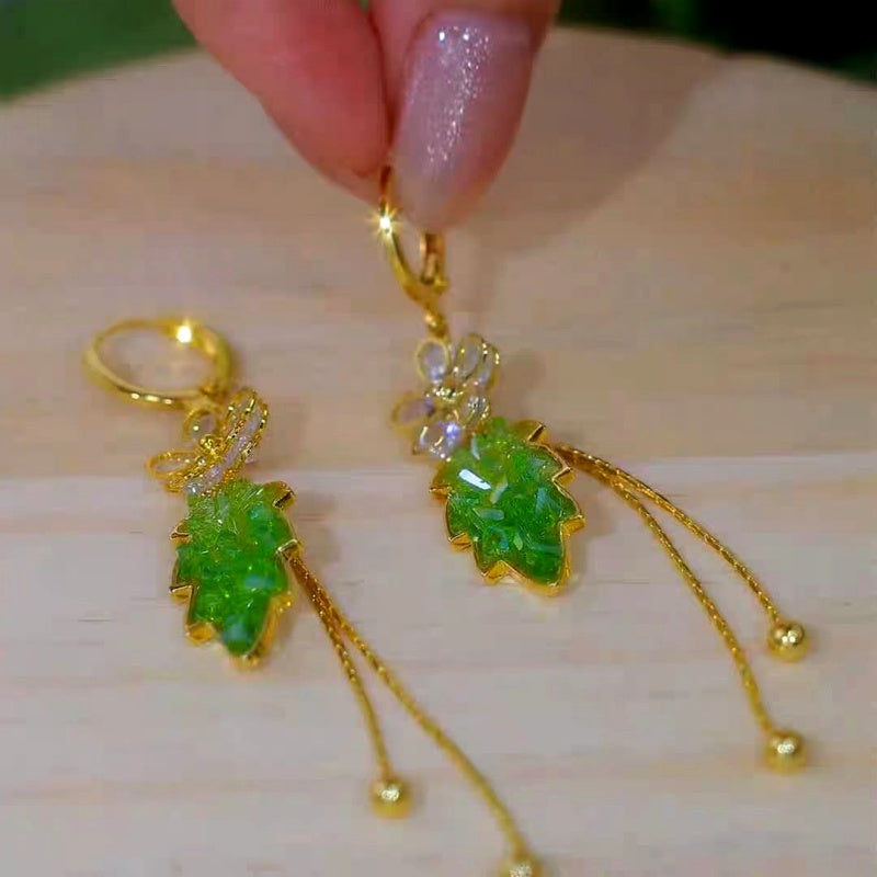 14K Gold-Plated Green Gradient Crystal Leaf Flower Earrings