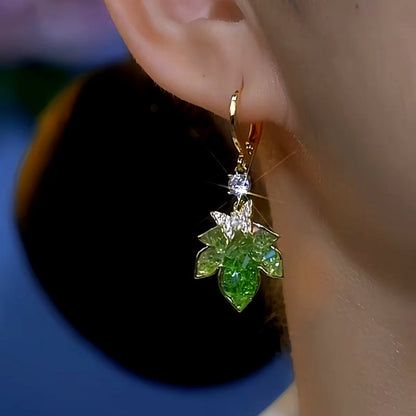 14K Gold-Plated Green Zircon Maple Leaf Earrings