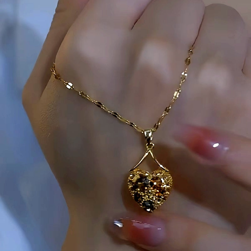14K Gold-Plated Heart-Design Brown Zircon Heart Necklaces