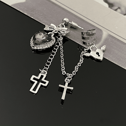 14K Gold-Plated Heart-Design Cross Ear Clip Tassel Earrings