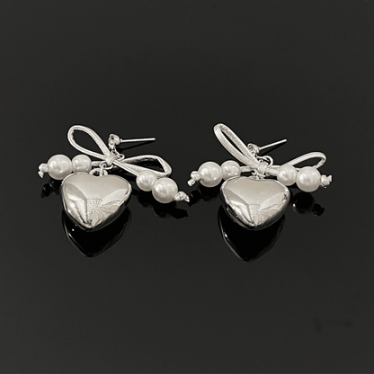 14K Gold-Plated Heart Bow Pearl Earrings