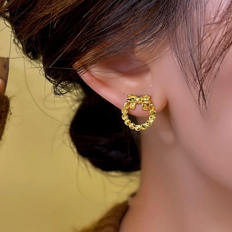 14K Gold-Plated Hollow Bow Hoop Stud Earrings