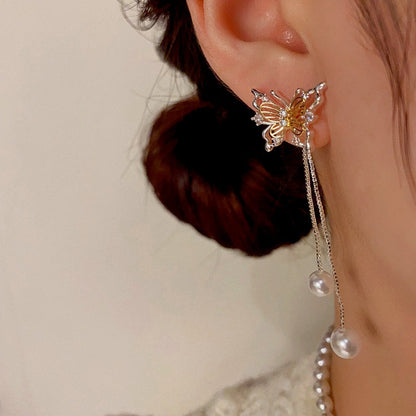 14K Gold-Plated Hollow Butterfly Pearl Tassel Earrings
