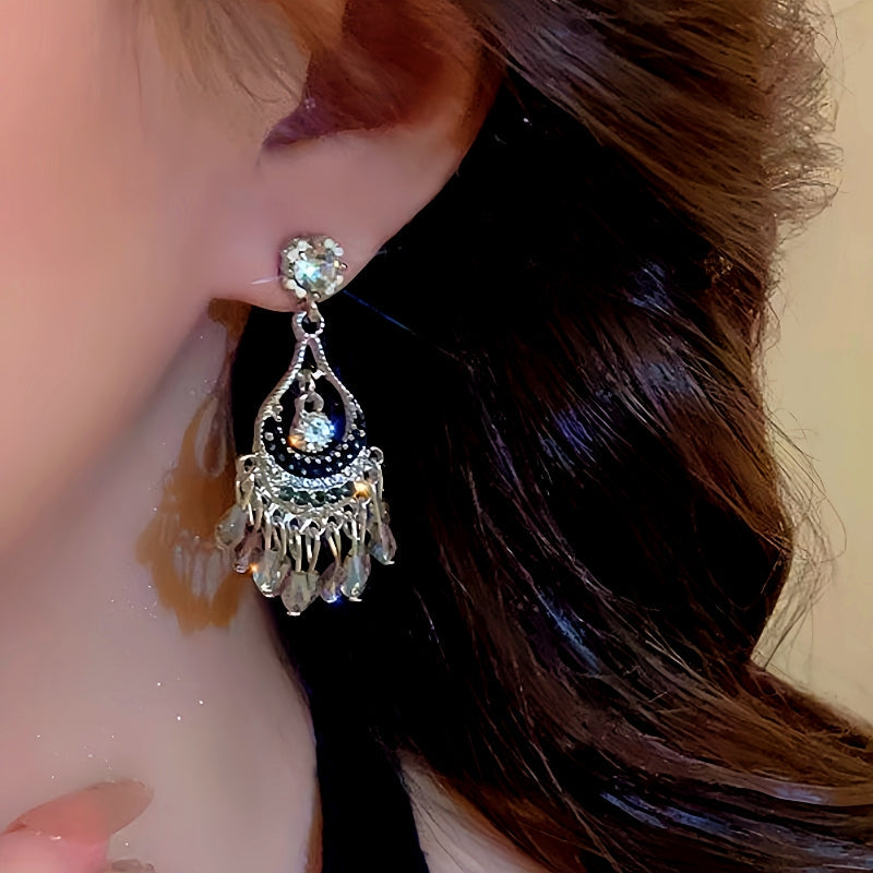 14K Gold-Plated Hollow Crystal Tassel Earrings