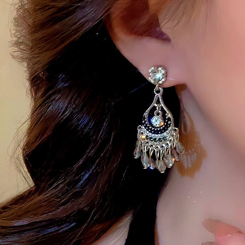 14K Gold-Plated Hollow Crystal Tassel Earrings