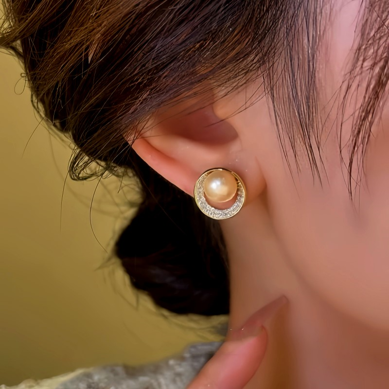14K Gold-Plated Hollow Diamond Pearl Stud Earrings