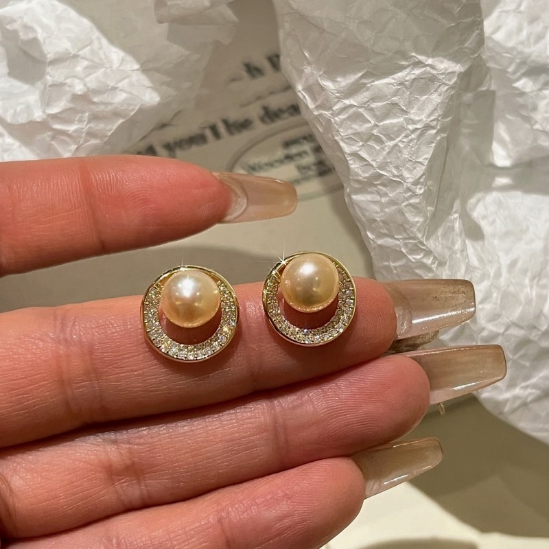 14K Gold-Plated Hollow Diamond Pearl Stud Earrings