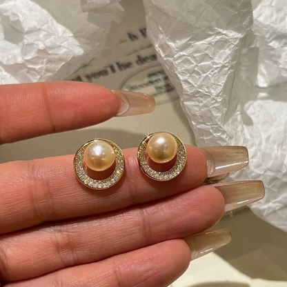 14K Gold-Plated Hollow Diamond Pearl Stud Earrings