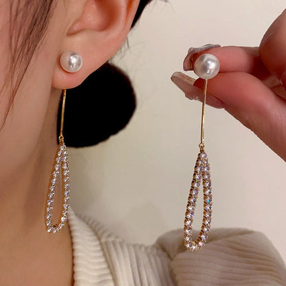 14K Gold-Plated Hollow Pearl Diamond Tassel Earrings