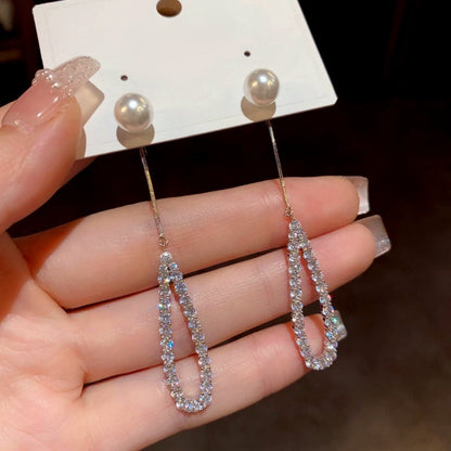 14K Gold-Plated Hollow Pearl Diamond Tassel Earrings