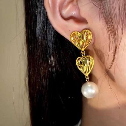 14K Gold-Plated Hollow Twisted Heart Pearl Earrings
