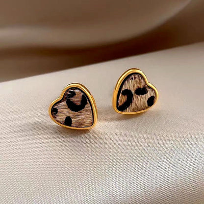 14K Gold-Plated Leopard Print Small Heart Stud Earrings