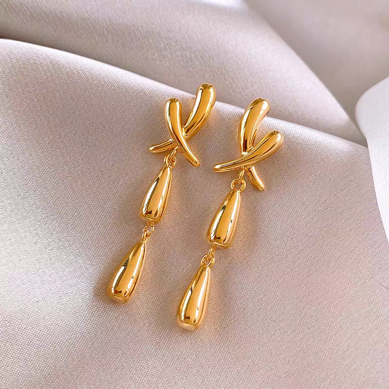 14K Gold-Plated Long Cross Earrings