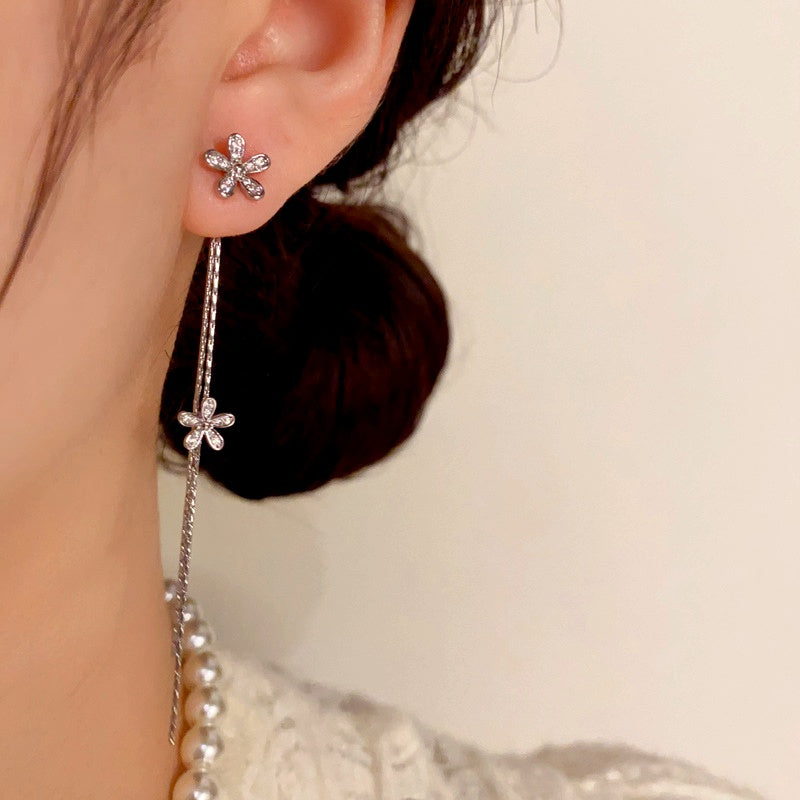 14K Gold-Plated Long Diamond Flower Tassel Earrings