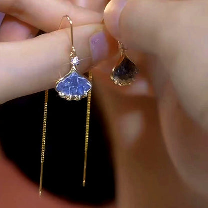 14K Gold-Plated Luxury Blue Crystal Leaf Threader Earrings