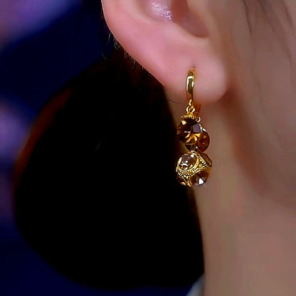 14K Gold-Plated Luxury Brown Diamond Ball Tassel Earrings