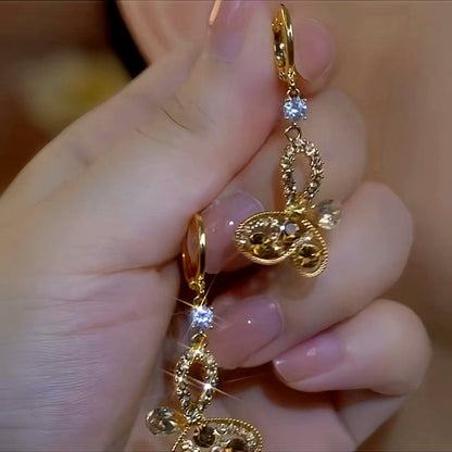 14K Gold-Plated Luxury Brown Diamond Butterfly Earrings