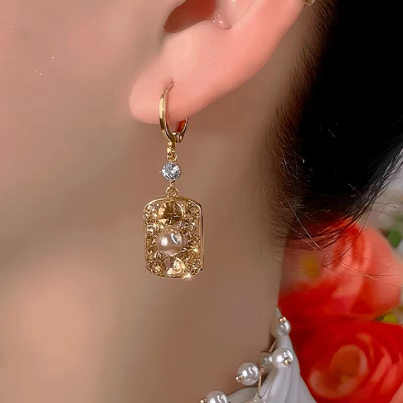 14K Gold-Plated Luxury Brown Diamond Pearl Earrings