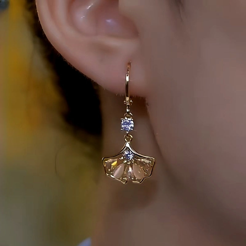 14K Gold-Plated Luxury Brown Zircon Ginkgo Leaf Earrings