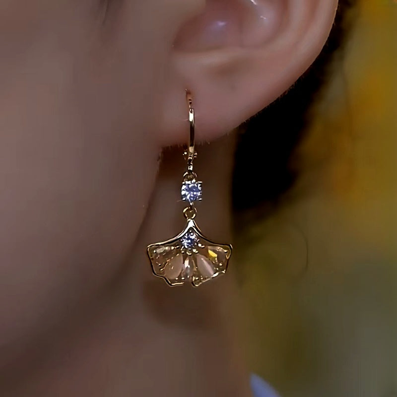 14K Gold-Plated Luxury Brown Zircon Ginkgo Leaf Earrings
