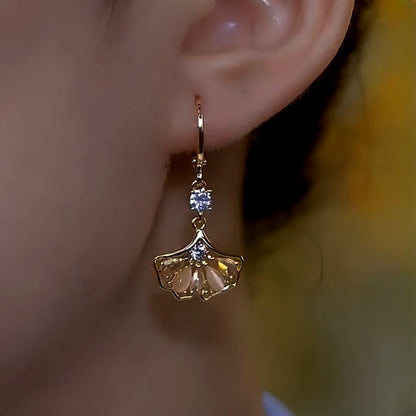 14K Gold-Plated Luxury Brown Zircon Ginkgo Leaf Earrings