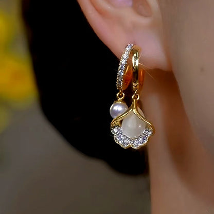 14K Gold-Plated Luxury Cat's Eye Ginkgo Leaf Pearl Earrings