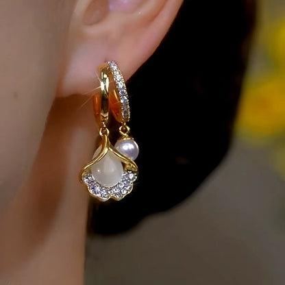 14K Gold-Plated Luxury Cat's Eye Ginkgo Leaf Pearl Earrings