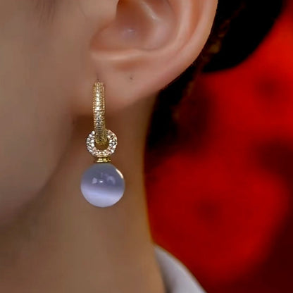 14K Gold-Plated Luxury Cat's Eye Stone Ball Earrings