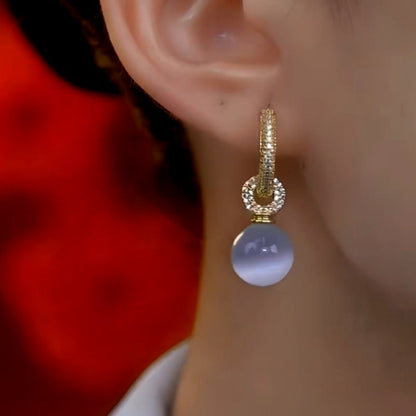 14K Gold-Plated Luxury Cat's Eye Stone Ball Earrings